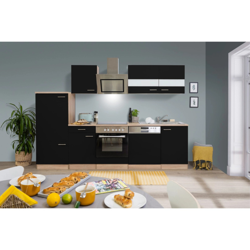 Respekta Kuchyně Merle černá/dub 280 cm-skl.deska/šikmá digestoř/myčka/lednice