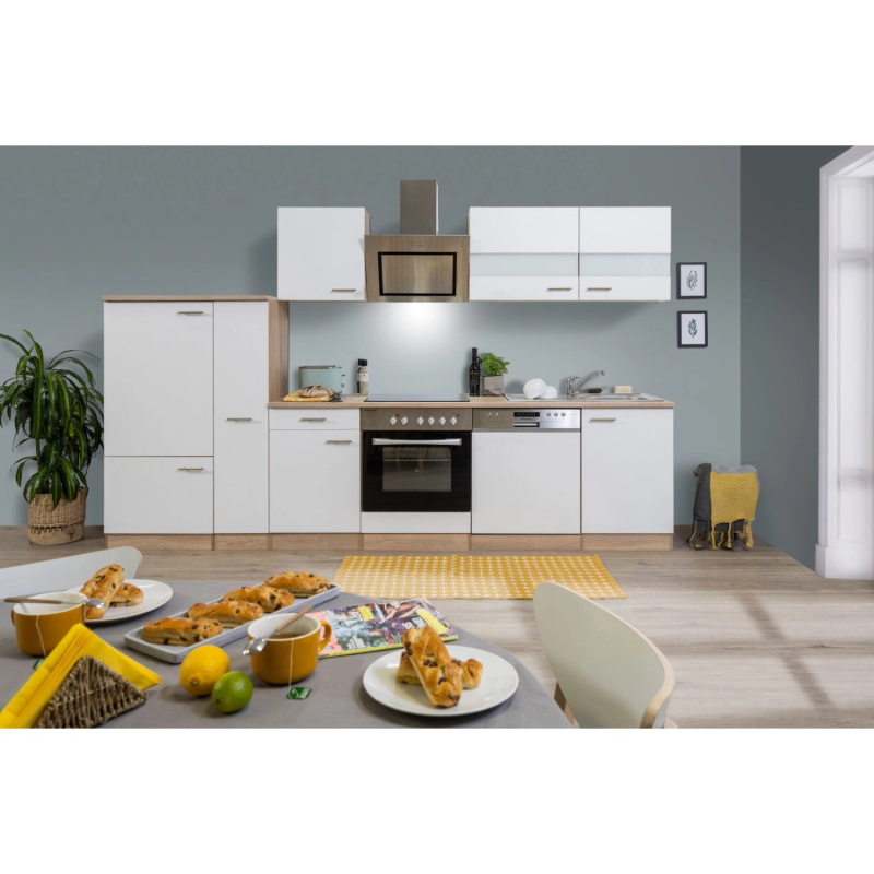 Respekta Kuchyně Merle bílá/dub 310 cm-skl.deska/šikmá digestoř/myčka/lednice