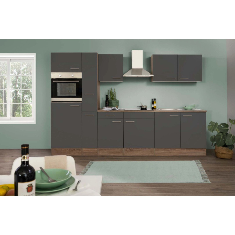 Respekta Kuchyně Oliver šedá - hedvábně lesklá/dub 300 cm - Bez el. přístrojů