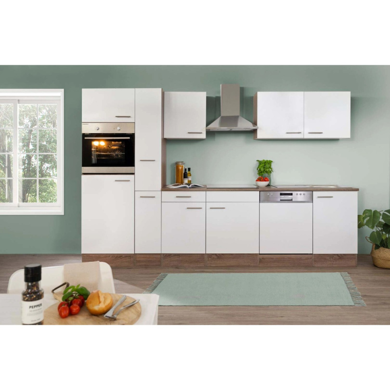 Respekta Kuchyně Oliver bílá - hedvábně lesklá/dub 310 cm - Bez el. přístrojů