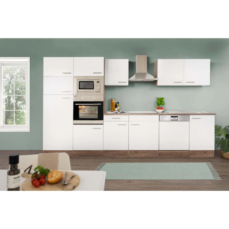 Respekta Kuchyně Oliver bílá - hedvábně lesklá/dub 340 cm - Bez el. přístrojů