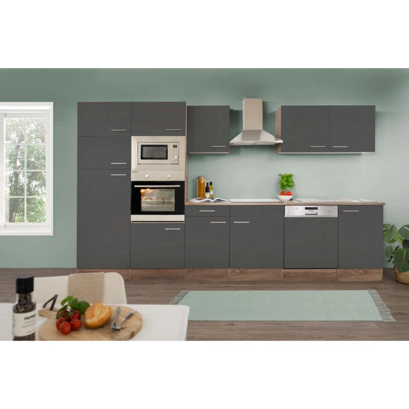 Respekta Kuchyně Oliver šedá - hedvábně lesklá/dub 340 cm - Bez el. přístrojů