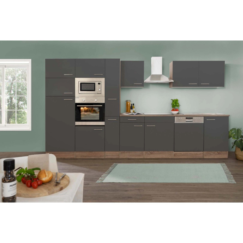 Respekta Kuchyně Oliver šedá - hedvábně lesklá/dub 370 cm - Bez el. přístrojů