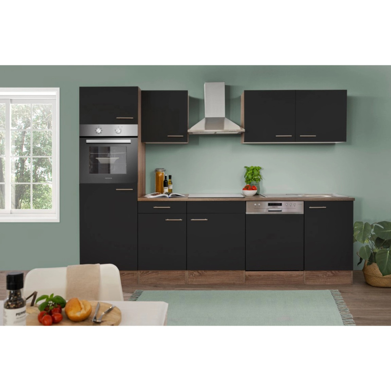 Respekta Kuchyně Oliver černá/dub 280 cm-trouba/skl.deska/digestoř/lednice/myčka