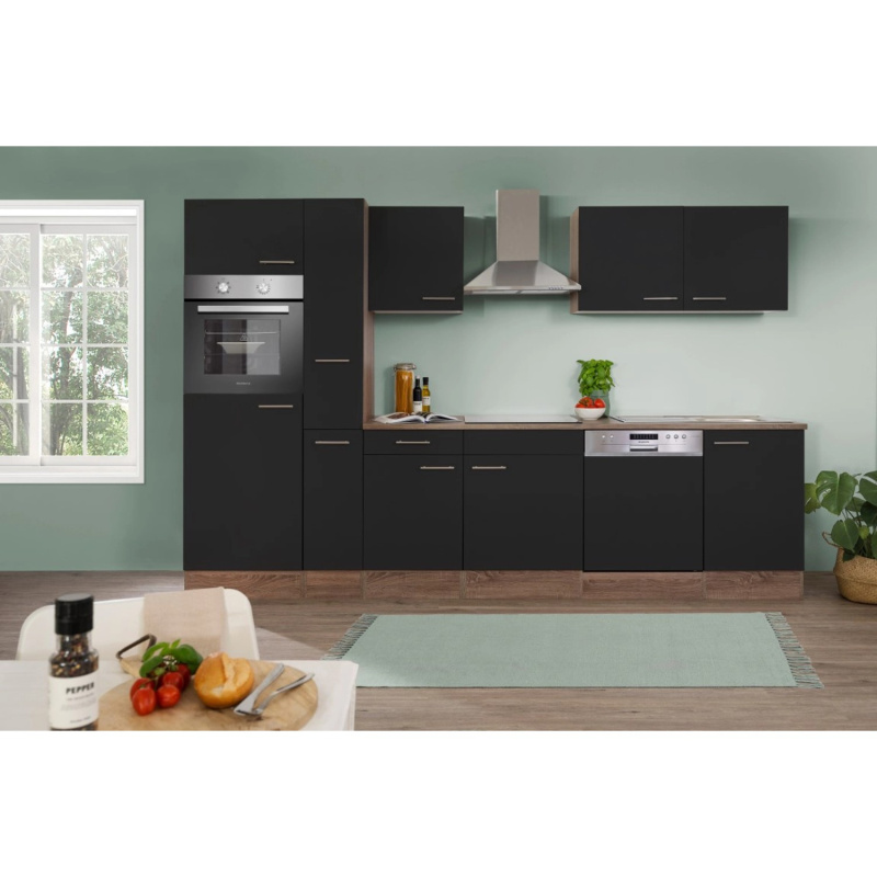 Respekta Kuchyně Oliver černá/dub 310 cm-trouba/skl.deska/digestoř/lednice/myčka