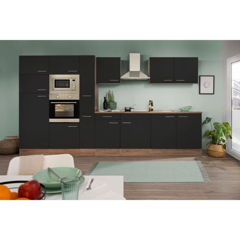 Respekta Kuchyně Oliver černá/dub 360 cm-trouba/sklok.d./digestoř/lednice/mik.