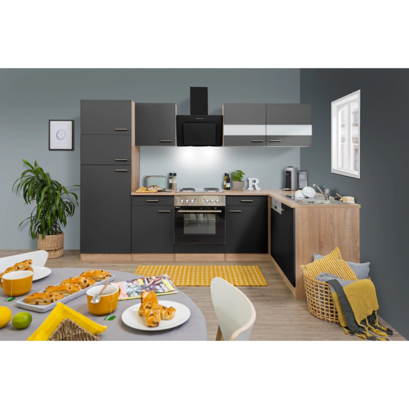 Respekta Kuchyně Merle L šedá/dub 280 cm-nrz.deska/šikmá digestoř/myčka/lednice