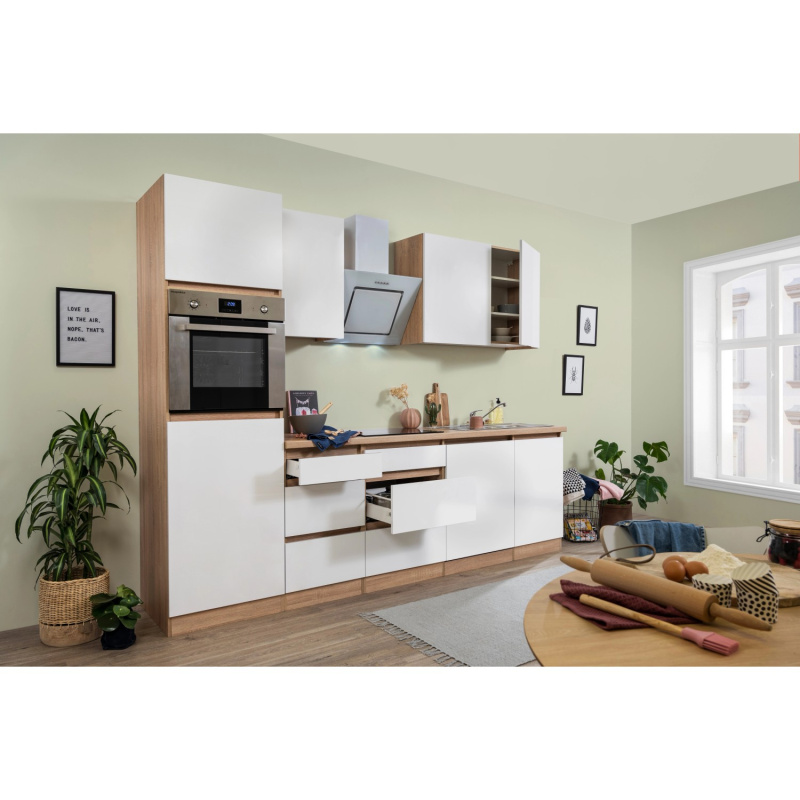 Respekta Kuchyně Lorena ma.bílá/dub 280 cm-trouba/skl.d./digestoř/myčka/lednice