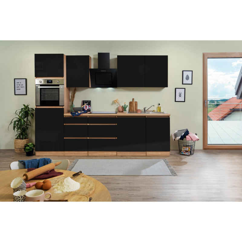 Respekta Kuchyně Lorena černá/dub 280 cm-trouba/skl.d./digestoř/myčka/lednice