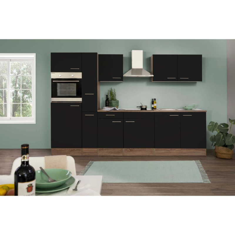 Respekta Kuchyně Oliver černá - hedvábně lesklá/dub 300 cm - Bez el. přístrojů