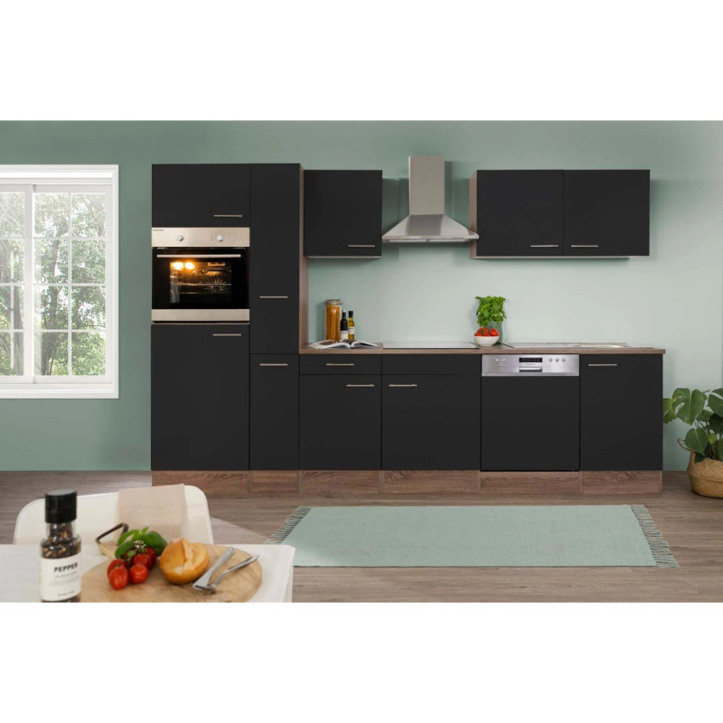 Respekta Kuchyně Oliver černá - hedvábně lesklá/dub 310 cm - Bez el. přístrojů