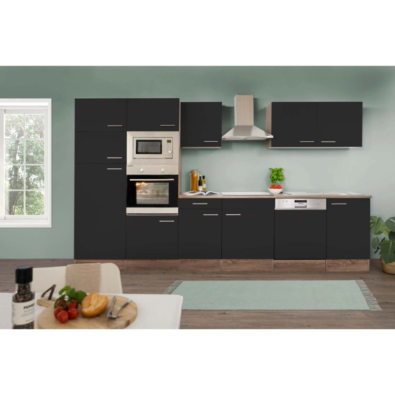 Respekta Kuchyně Oliver černá - hedvábně lesklá/dub 340 cm - Bez el. přístrojů