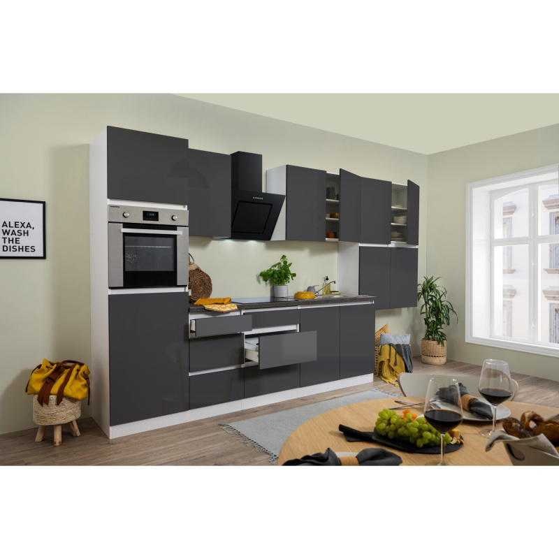 Respekta Kuchyně Lorena šedá/žula 370 cm-trouba/skl.deska/digestoř/lednice