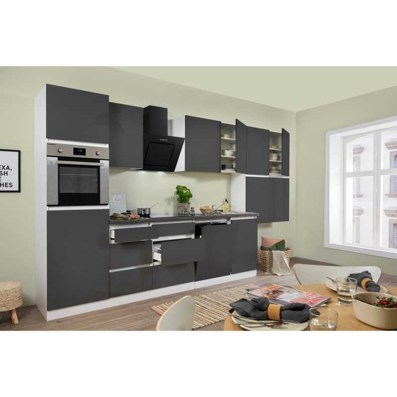 Respekta Kuchyně Lorena šedá/žula 380 cm-trouba/skl.d./digestoř/myčka/lednice