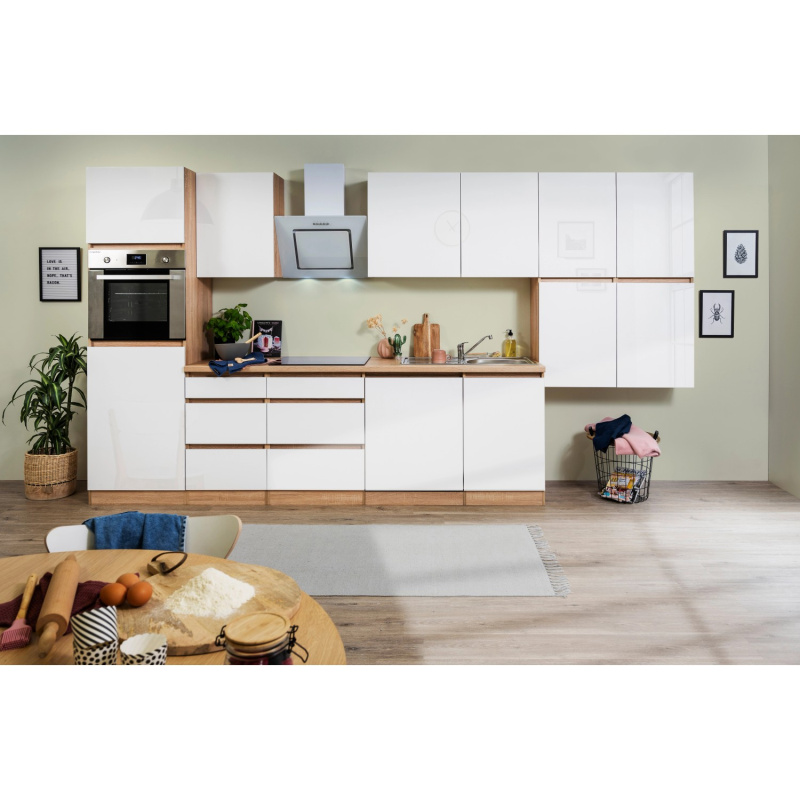 Respekta Kuchyně Lorena le.bílá/dub 380 cm-trouba/skl.d./digestoř/myčka/lednice