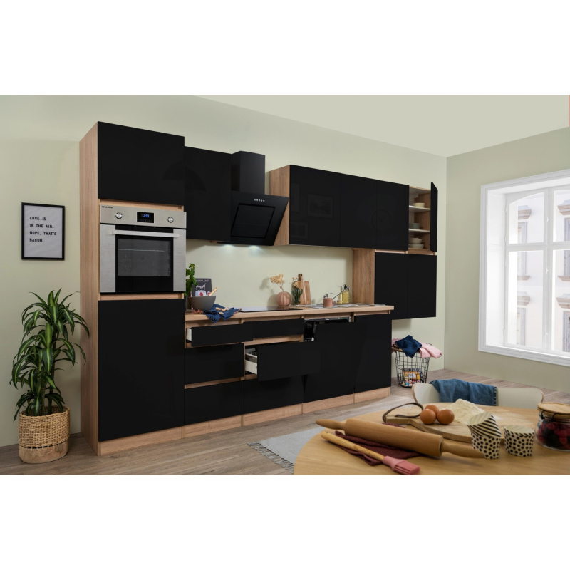 Respekta Kuchyně Lorena černá/dub 380 cm-trouba/skl.d./digestoř/myčka/lednice