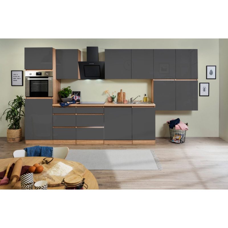 Respekta Kuchyně Lorena šedá/dub 380 cm-Bez el. přístrojů