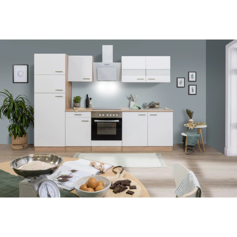 Respekta Kuchyně Merle bílá/dub 270 cm-skl.deska/šikmá digestoř/lednice