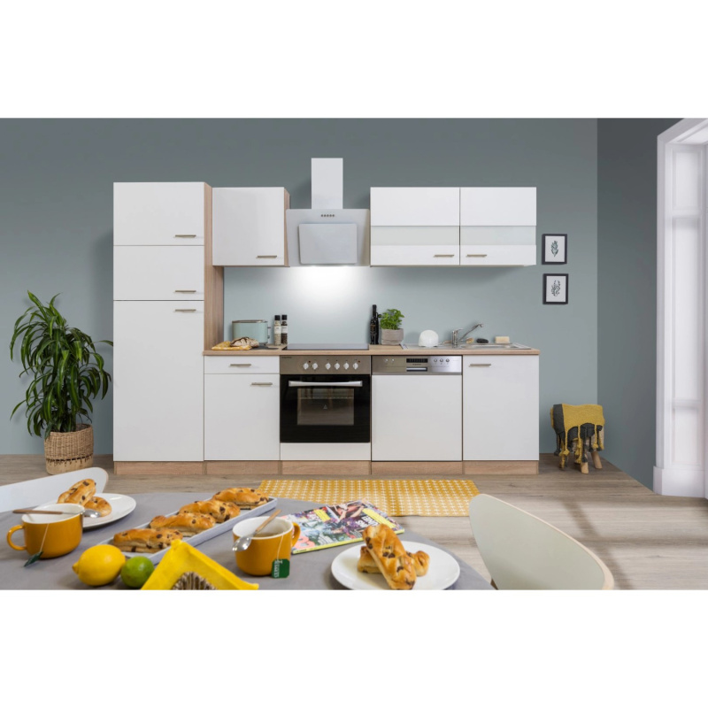 Respekta Kuchyně Merle bílá/dub 280 cm-skl.deska/šikmá digestoř/myčka/lednice(2)