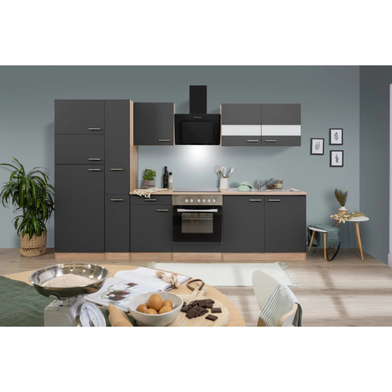 Respekta Kuchyně Merle šedá/dub 300 cm-skl.deska/šikmá digestoř/lednice(2)