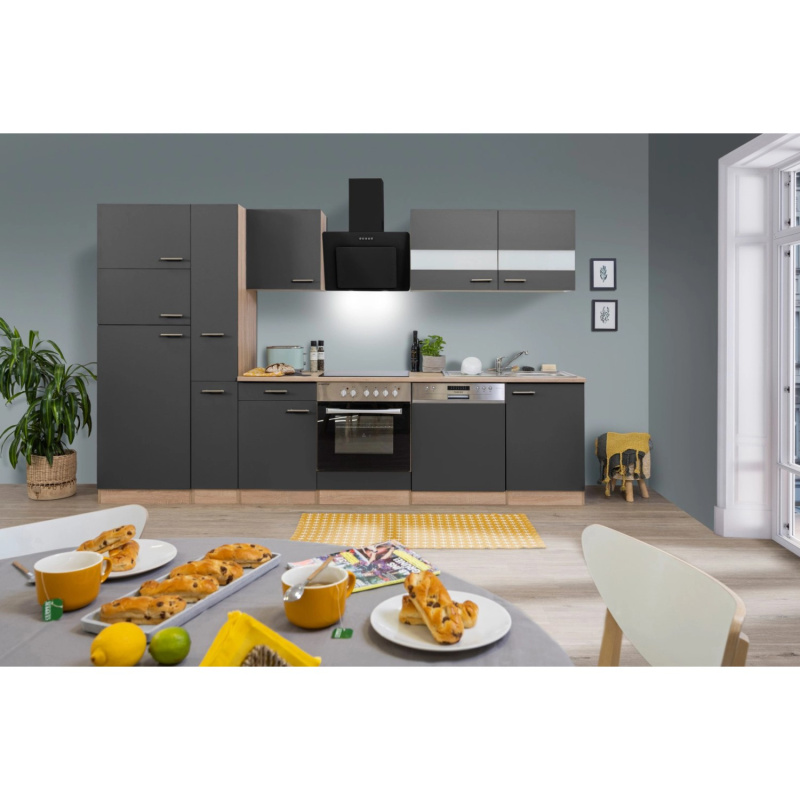 Respekta Kuchyně Merle šedá/dub 310 cm-skl.d./šikmá digestoř/myčka/lednice(2)