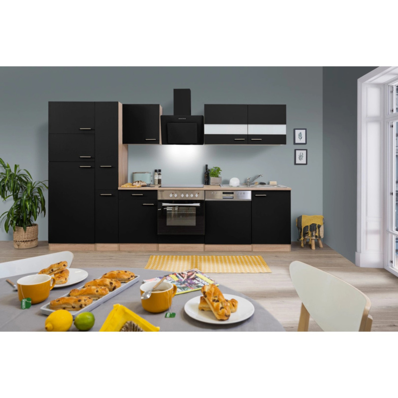 Respekta Kuchyně Merle černá/dub 310 cm-skl.d./šikmá digestoř/myčka/lednice(2)