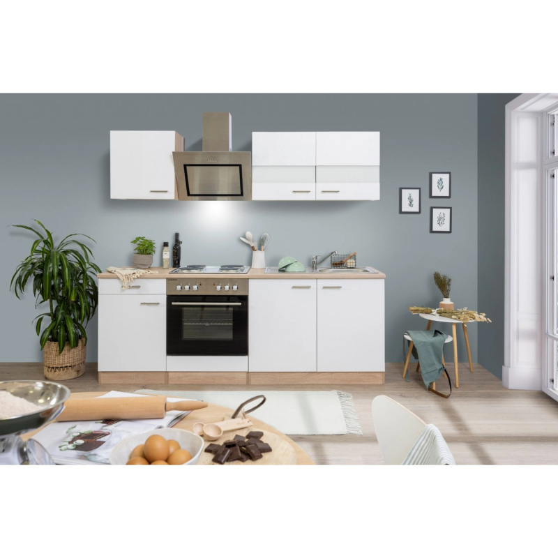 Respekta Kuchyně Merle bílá/dub 210 cm-nrz.deska/šikmá digestoř