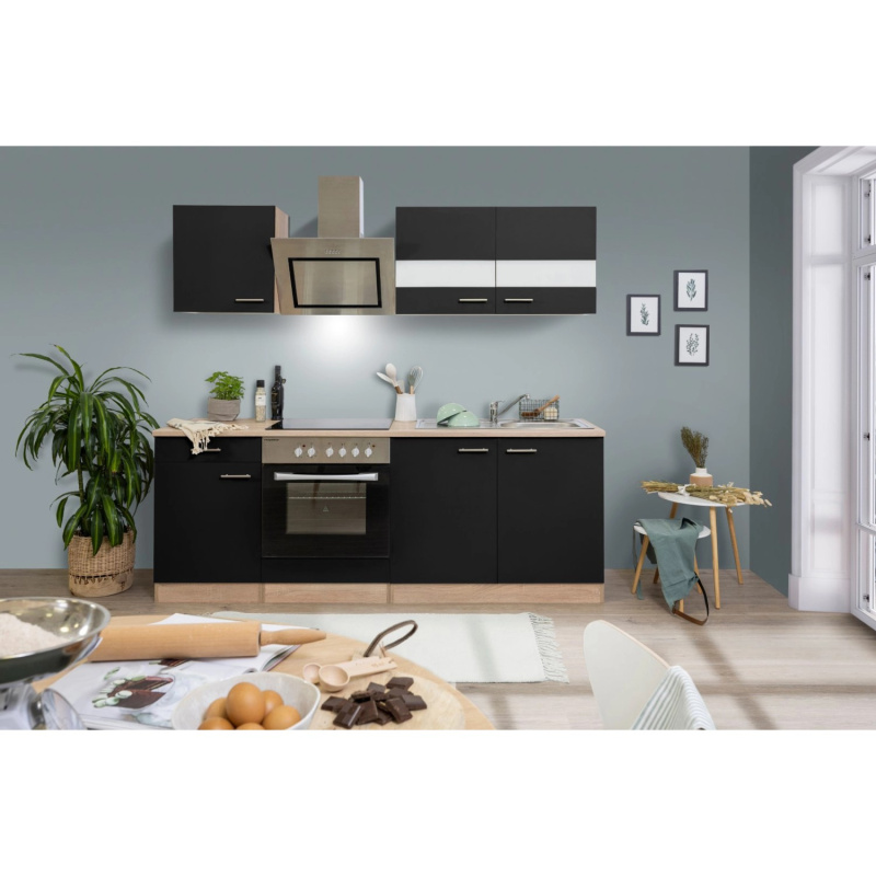 Respekta Kuchyně Merle černá/dub 210 cm-skl.deska/šikmá digestoř/myčka