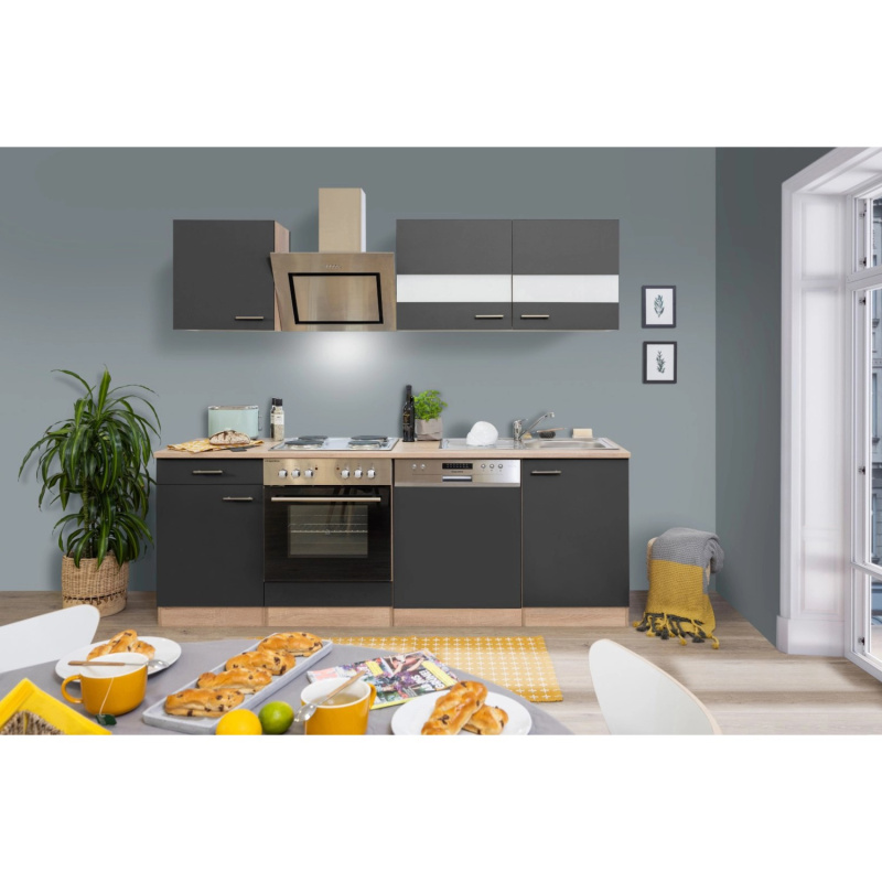 Respekta Kuchyně Merle šedá/dub 220 cm-nrz.deska/šikmá digestoř/myčka