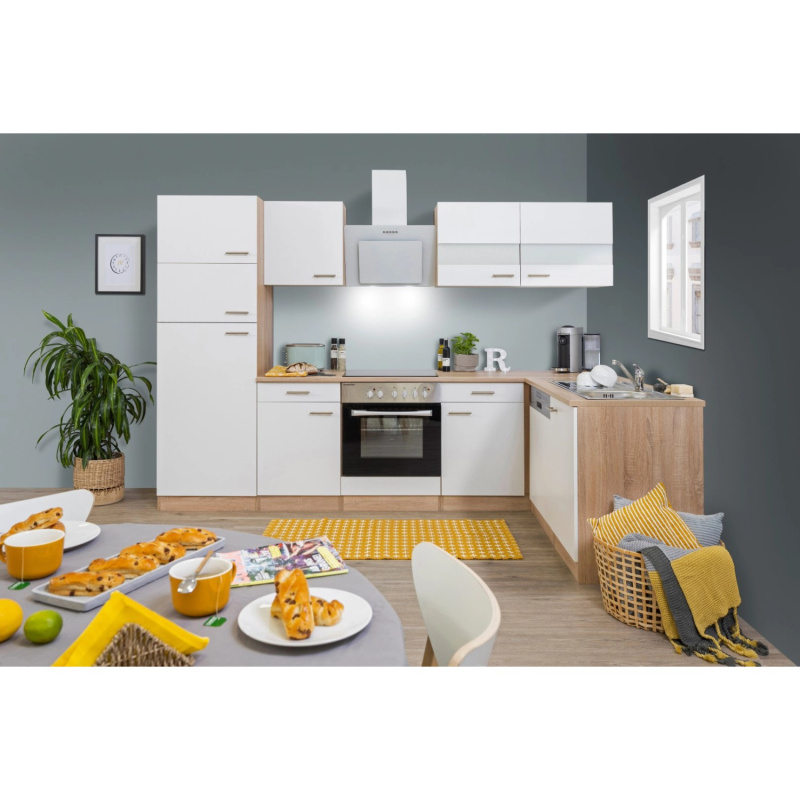 Respekta Kuchyně Merle L bílá/dub 280 cm-skl.deska/šikmá digestoř/myčka/lednice