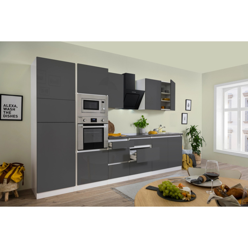 Respekta Kuchyně Lorena šedá/žula 335 cm-trouba/skl.d./digestoř/lednice/mikr.
