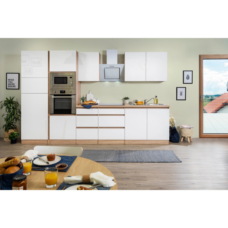 Respekta Kuchyně Lorena le.bílá/dub 335 cm-trouba/skl.d./digestoř/lednice/mikr.