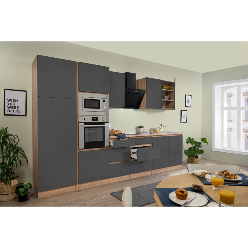 Respekta Kuchyně Lorena šedá/dub 335 cm-trouba/skl.d./digestoř/lednice/mikr.