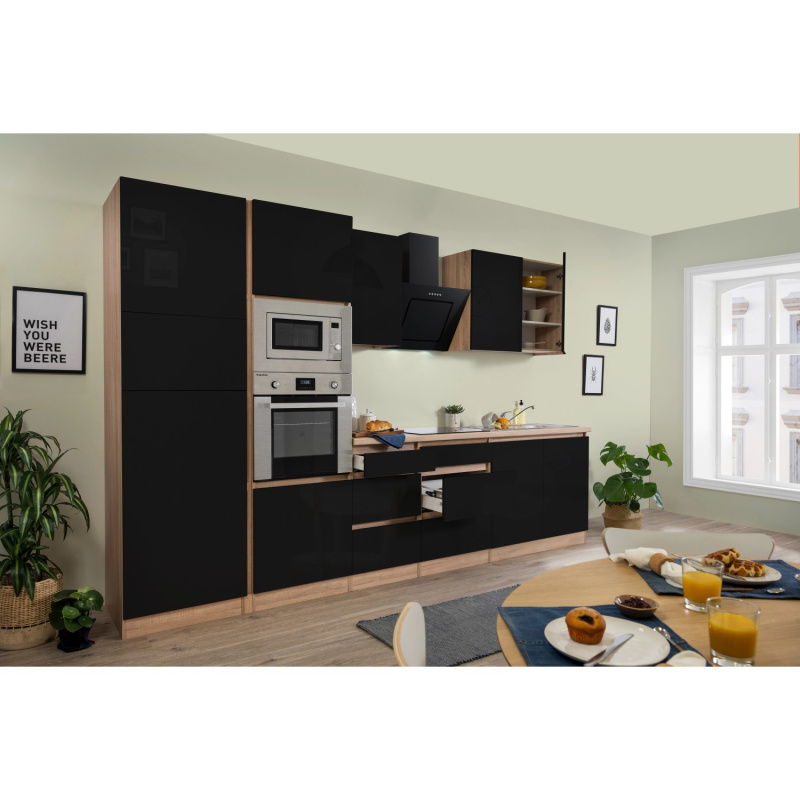 Respekta Kuchyně Lorena černá/dub 335 cm-trouba/skl.d./digestoř/lednice/mikr.