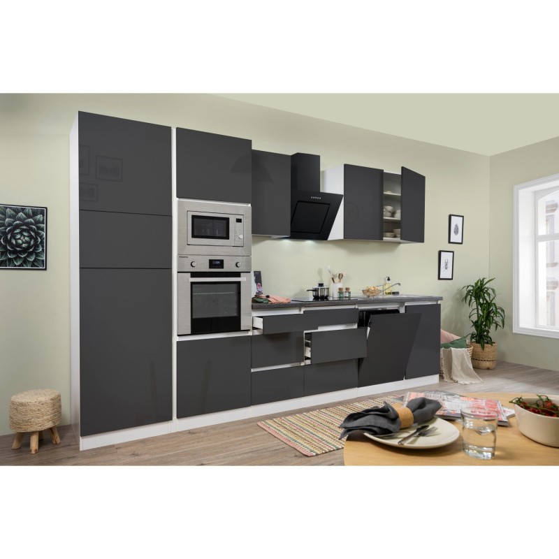 Respekta Kuchyně Lorena šedá/žula 345 cm-trouba/skl.d./dig./myčka/lednice/mikr.