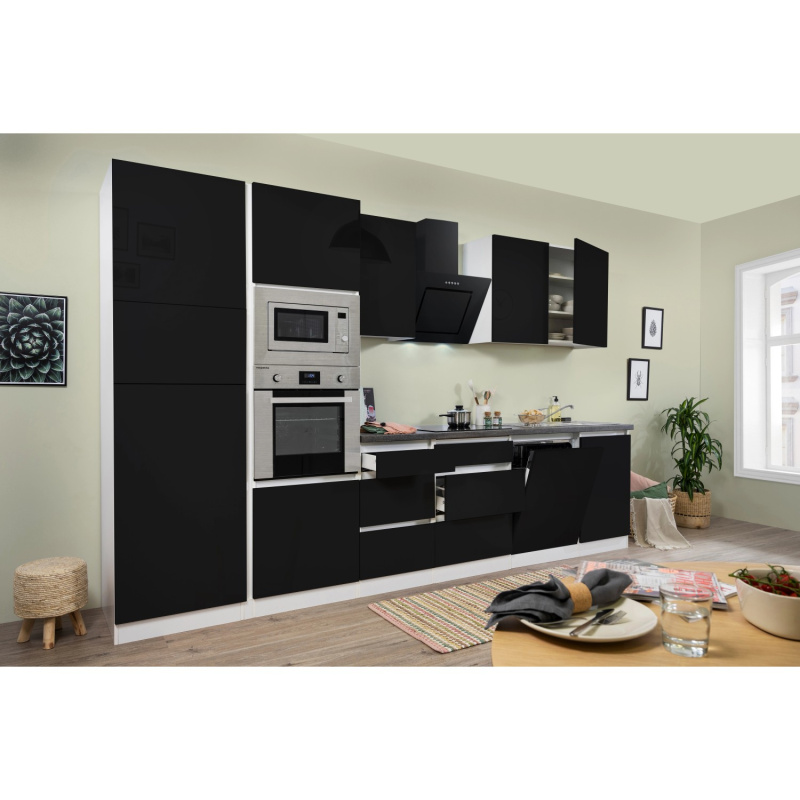 Respekta Kuchyně Lorena černá/žula 345 cm-trouba/skl.d./dig./myčka/lednice/mikr.