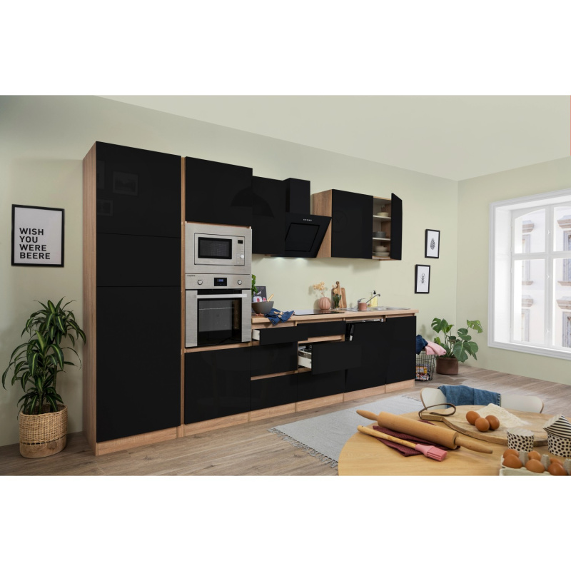 Respekta Kuchyně Lorena černá/dub 345 cm-trouba/skl.d./dig./myčka/lednice/mikr.