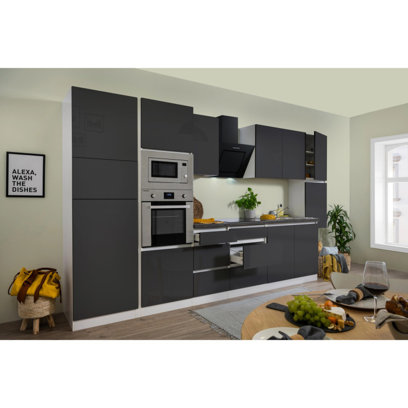 Respekta Kuchyně Lorena šedá/žula 385 cm-trouba/skl.d./digestoř/lednice/mikr.