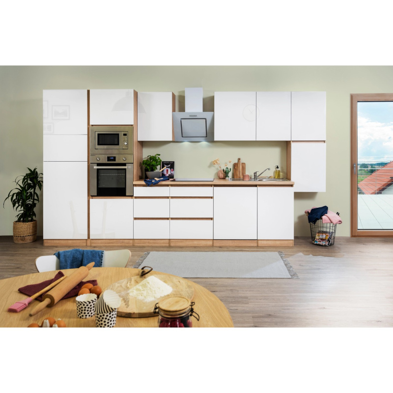 Respekta Kuchyně Lorena le.bílá/dub 395 cm-trouba/skl.d./dig./myčka/lednice/mik.