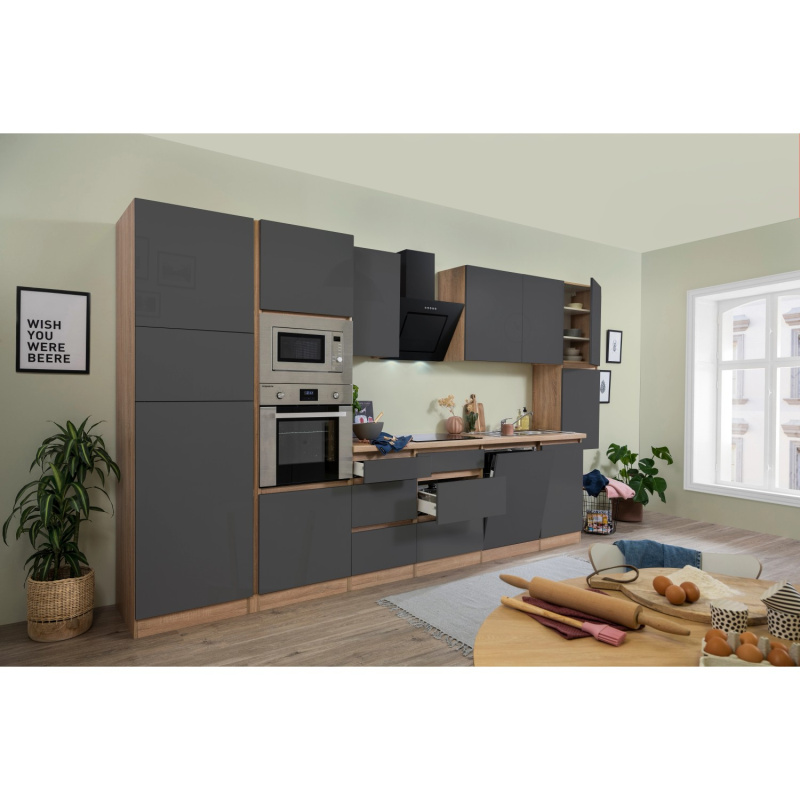 Respekta Kuchyně Lorena šedá/dub 395 cm-trouba/skl.d./dig./myčka/lednice/mikr.