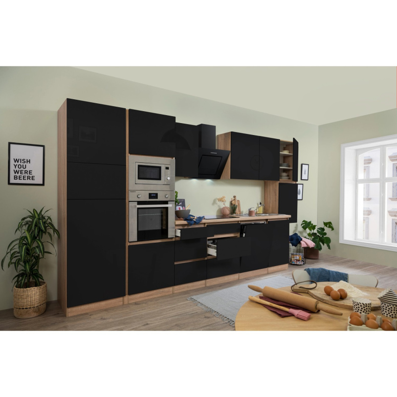 Respekta Kuchyně Lorena černá/dub 395 cm-trouba/skl.d./dig./myčka/lednice/mikr.