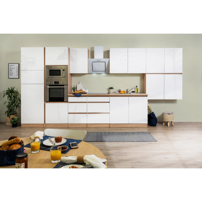 Respekta Kuchyně Lorena le.bílá/dub 435 cm-trouba/skl.d./digestoř/lednice/mikr.