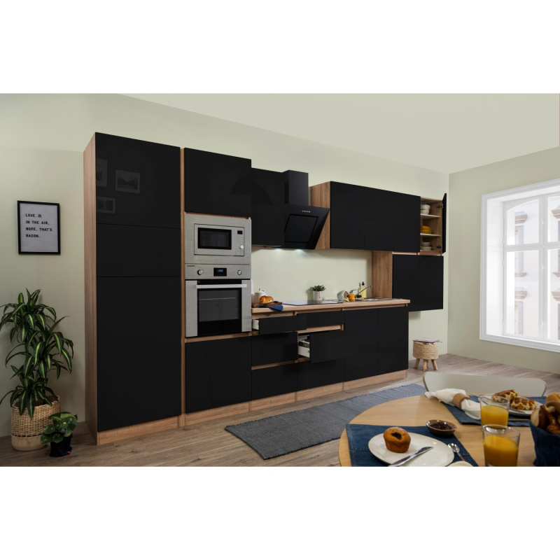 Respekta Kuchyně Lorena černá/dub 435 cm-trouba/skl.d./digestoř/lednice/mikr.
