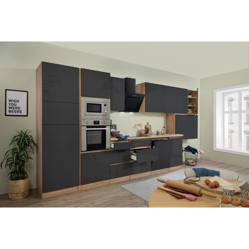 Respekta Kuchyně Lorena šedá/dub 445 cm-trouba/skl.d./dig./myčka/lednice/mikr.