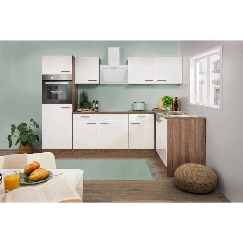 Respekta Kuchyně Oliver L bílá/dub 280 cm-trouba/skl.d./digestoř/myčka/lednice