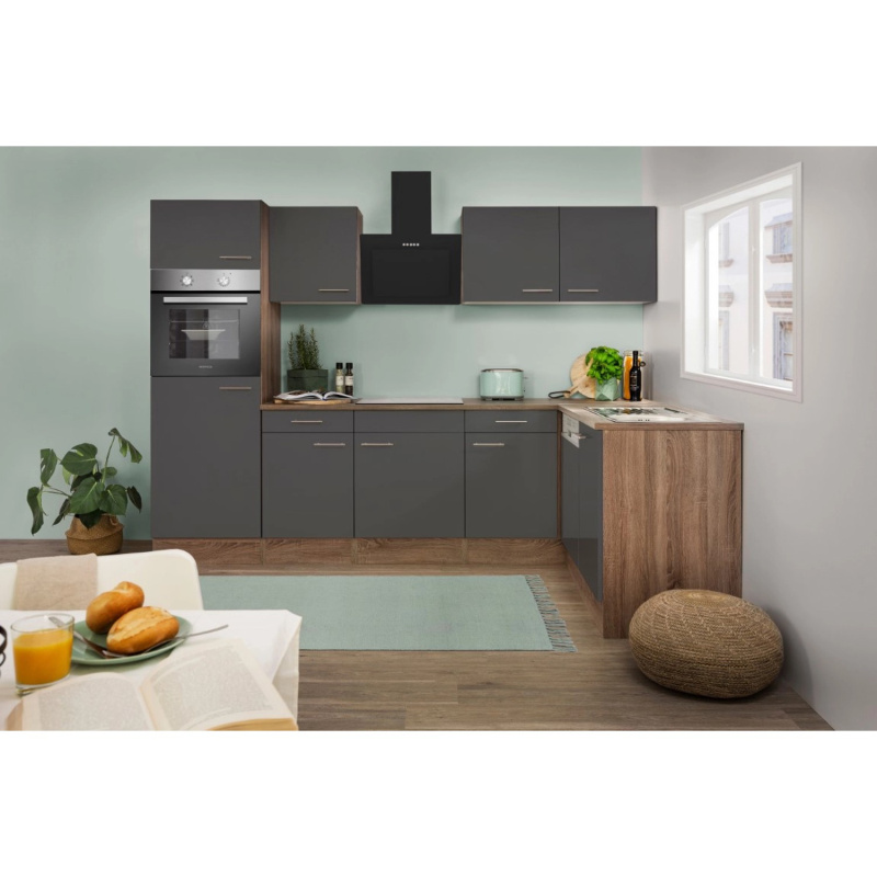 Respekta Kuchyně Oliver L šedá/dub 280 cm-trouba/skl.d./digestoř/myčka/lednice