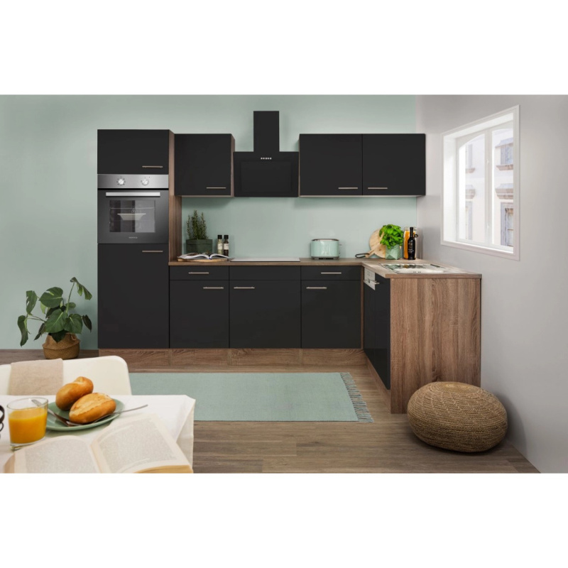 Respekta Kuchyně Oliver L černá/dub 280 cm-trouba/skl.d./digestoř/myčka/lednice