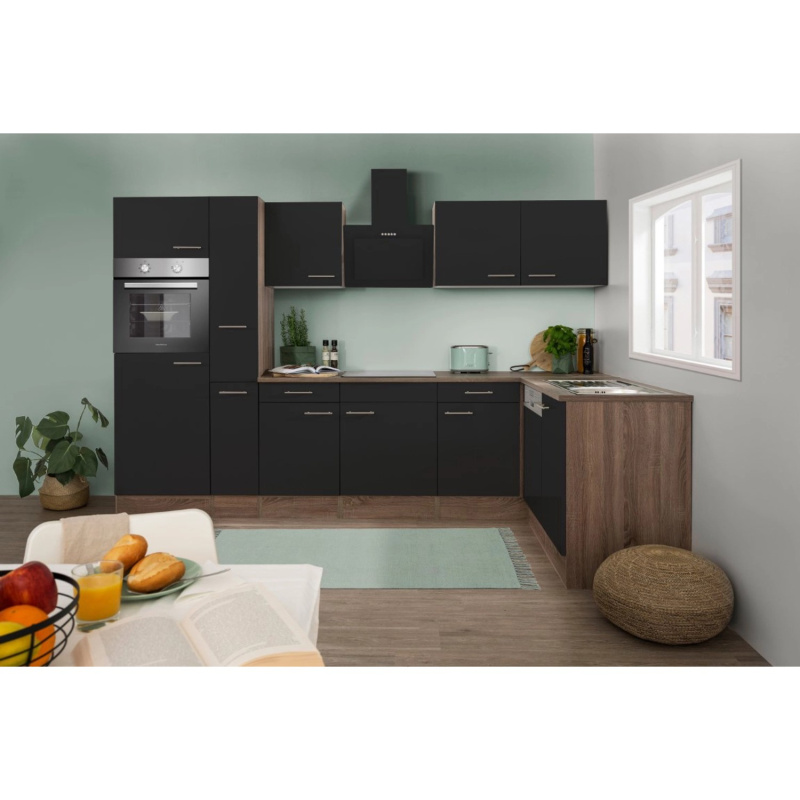 Respekta Kuchyně Oliver L černá/dub 310 cm-trouba/skl.d./digestoř/myčka/lednice