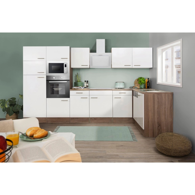 Respekta Kuchyně Oliver L bílá/dub 340 cm-trouba/skl.d./digestoř/myčka/led./mik.