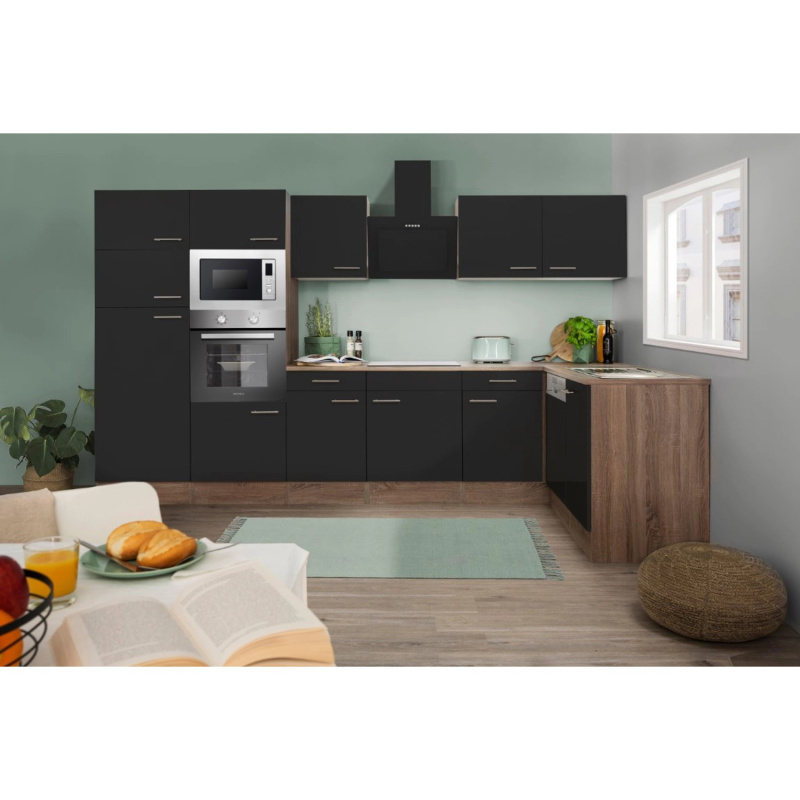 Respekta Kuchyně Oliver L černá/dub 340 cm-trouba/skl.d./digestoř/myčka/led./mi.